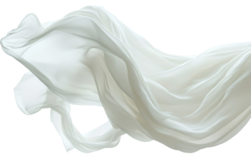 A flowing piece of white sheer fabric drapes and sways gently, showcasing its lightweight texture and smooth movement. Transparent background PNG