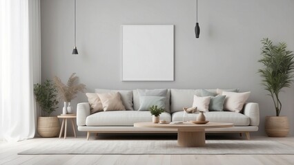 Fototapeta premium Minimalist Living Room Interior Design with White Sofa and Large Empty Frame