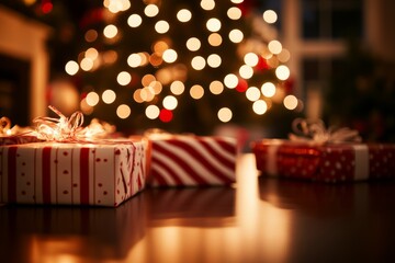 An image of loose wrapping paper and Christmas gifts on a table before a Christmas Tree in the family room.