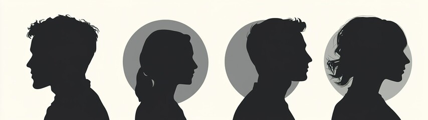 Male and female portraits, silhouettes, avatars or profiles for unknown anonymous persons. Man, woman, people. Black and white vector illustration.