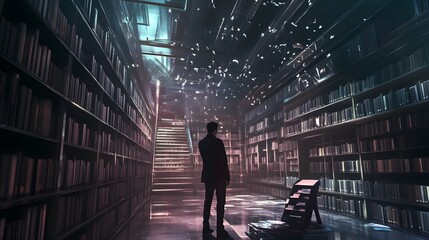 Fototapeta premium A man in a suit stands in a library, looking up at a sparkling ceiling.