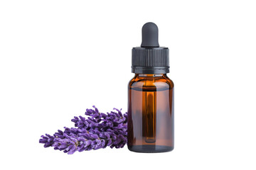 Aromatic lavender essential oil in a brown glass bottle with lavender flowers, perfect for wellness and relaxation isolate on transparency background
