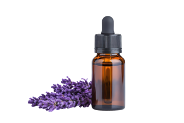 Aromatic lavender essential oil in a brown glass bottle with lavender flowers, perfect for wellness and relaxation isolate on transparency background