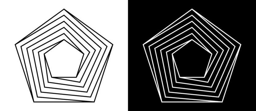 Geometric spiral pentagon shape as modern design element or icon. Black shape on a white background and the same white shape on the black side.
