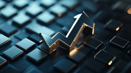 The 3D icon features a portfolio with money and an upward arrow, representing financial growth, successful investments, and rising wealth, all with a realistic metal texture. 