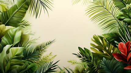 Fototapeta premium Lush tropical foliage creates a vibrant, natural frame with a blank center for your text or design.