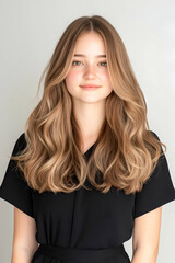 Fototapeta premium Portrait of a Young Woman with Long Flowing Hair and a Subtle Smile
