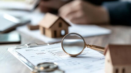 A close-up view of a magnifying glass over documents related to real estate, with miniature houses in the background.