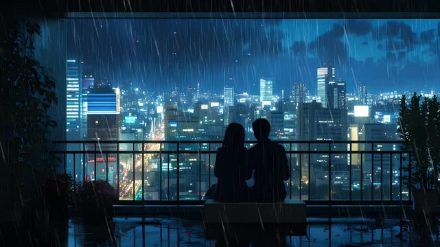 A couple night watching the rain and cityscape.