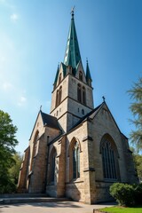 Fototapeta premium Historisches Kirchengebäude mit spitzen Turm im Sonnenlicht