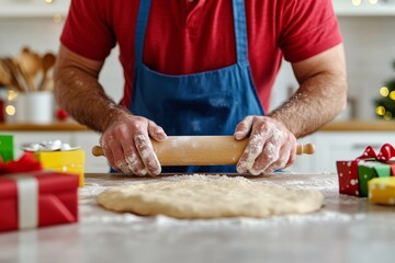 A biracial man prepares Christmas cookies in the kitchen while wearing an apron