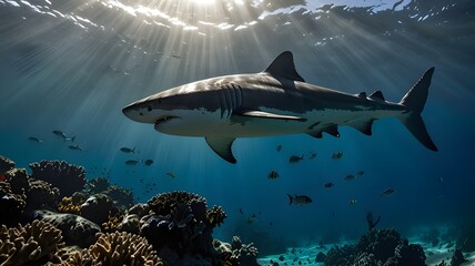 Fototapeta premium A massive great white shark glides through crystal-clear tropical waters, its powerful form silhouetted against a vibrant coral reef.