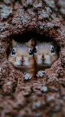 Two curious squirrels peeking out from a cozy burrow in a sunlit forest