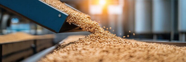 Soybeans being dropped into a hopper in an industrial plant, showing efficient grain handling processes.