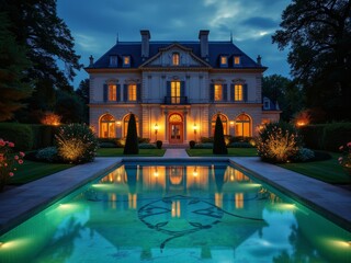 Fototapeta premium Elegante Villa mit Pool bei Nacht