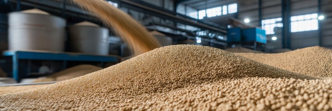 View of soybeans being loaded into machinery at an industrial plant, representing modern agricultural practices.