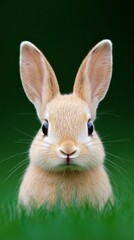 Obraz premium A curious young rabbit sits in vibrant grass under a soft morning light