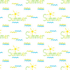 Hand drawn watercolor beach waves and sun seamless pattern isolated on white background. Marine illustration can be used for textile, fabric, wrapping and other printed products.