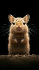 Obraz premium A curious rabbit stands upright, gazing intently against a dark background at dusk