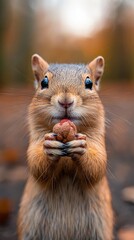 Fototapeta premium Squirrel holding an acorn in a forest during autumn's golden glow
