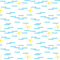 Hand drawn watercolor beach waves and sun seamless pattern isolated on white background. Marine illustration can be used for textile, fabric, wrapping and other printed products.