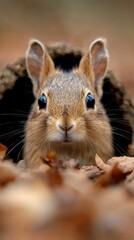 Obraz premium A curious rabbit peeking from its cozy burrow in a serene autumn forest