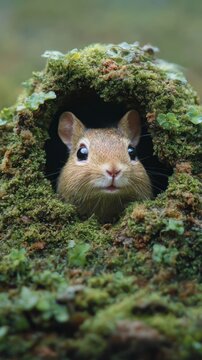 A curious squirrel peeks out from a moss-covered burrow in a tranquil forest setting