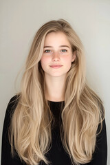 Naklejka premium Portrait of a Young Woman with Long Flowing Hair and Calm Expression
