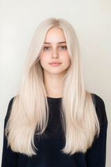 Naklejka premium Portrait of a Young Woman with Long Flowing Hair and Calm Expression