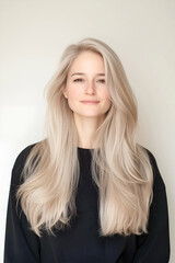 Naklejka premium Portrait of a Young Woman with Long Flowing Hair and Calm Expression