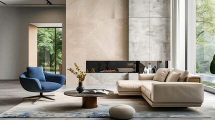 beige sofa in modern living room with tv or fire place