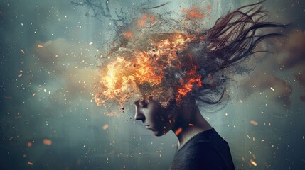 female head fire explosion, anxiety and head ache concept