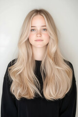 Naklejka premium Portrait of a Young Woman with Long Flowing Hair and Calm Expression