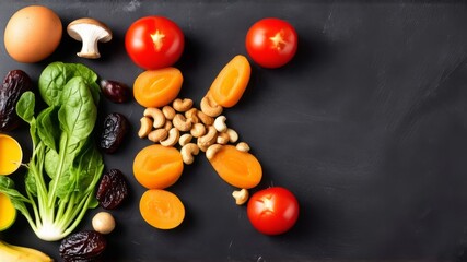 Vitamin K in nutrition concept. Letter K with fresh salad, tomatoes, soybeans, spinach, meat, radishes, dried apricots, cashews, peas, prunes, avocado, eggs, banana, potatoes, mushrooms