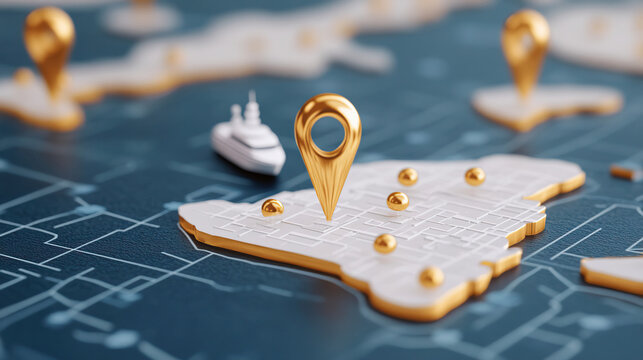 Golden map markers and a ship on a stylized 3D city map, representing navigation, travel, and location services.