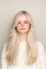 Portrait of a Young Woman with Long Flowing Hair and Calm Expression