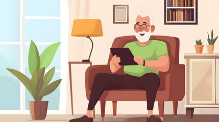 Smiling senior man relaxing in an armchair while browsing on a tablet.