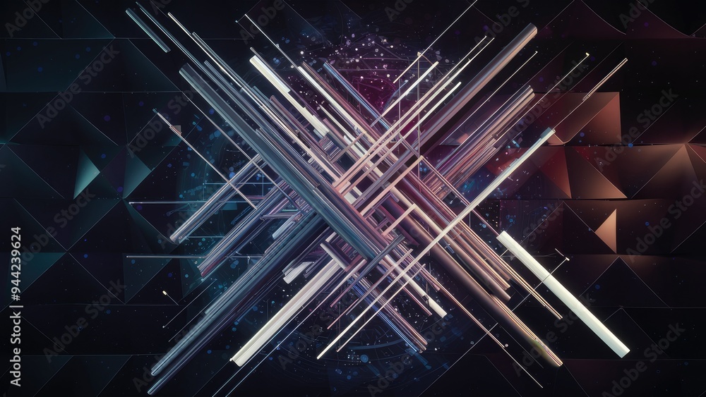 Poster Dynamic abstract digital artwork showcasing vibrant colors and intersecting lines, enhanced by a geometric pattern of triangles and dots against a dark backdrop.