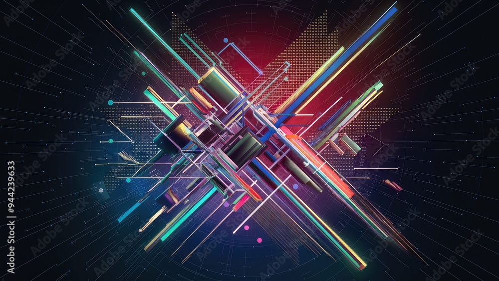 Poster Dynamic abstract digital artwork showcasing vibrant colors and intersecting lines, enhanced by a geometric pattern of triangles and dots against a dark backdrop.