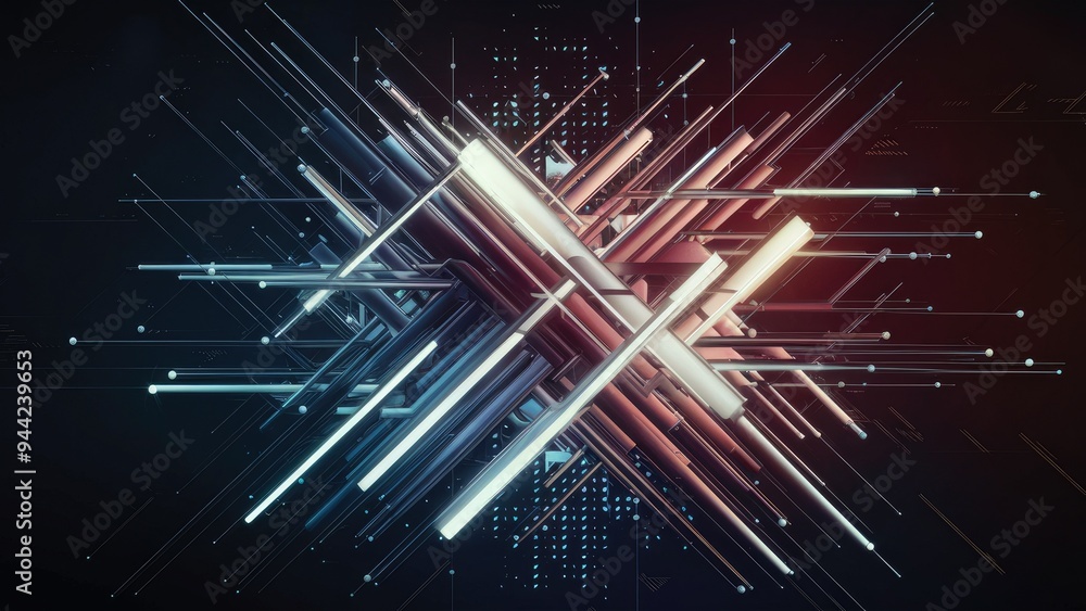 Poster Dynamic abstract digital artwork showcasing vibrant colors and intersecting lines, enhanced by a geometric pattern of triangles and dots against a dark backdrop.