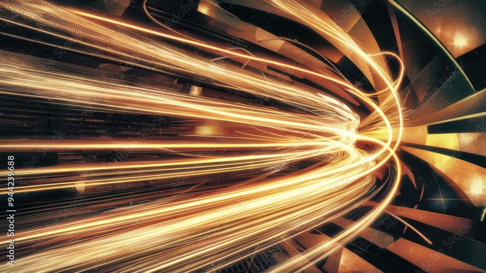 Poster dynamic abstract light trails with sparkles and golden hues, depicting high-speed motion and glowing