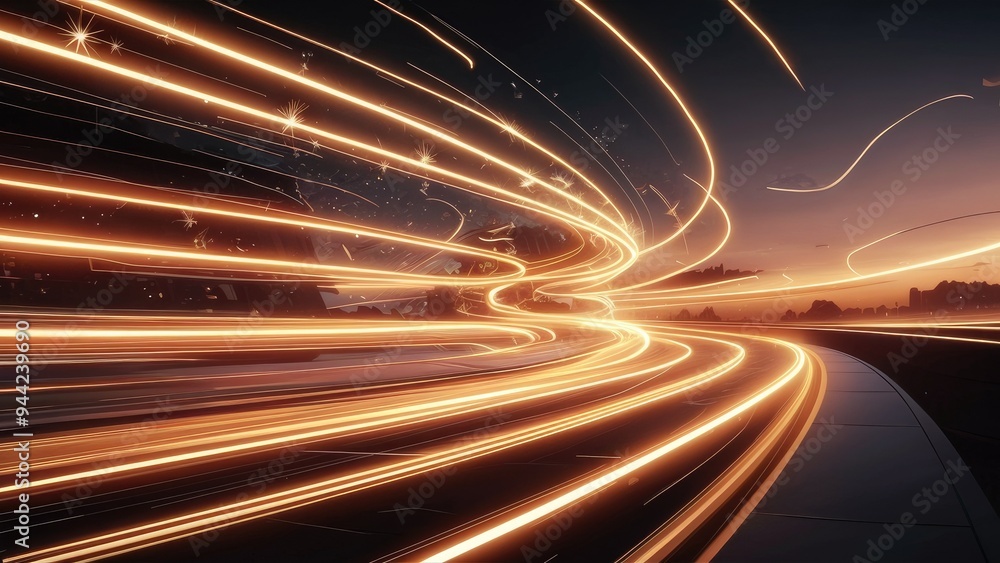 Poster dynamic abstract light trails with golden sparkles and glowing curves, illustrating high-speed motio