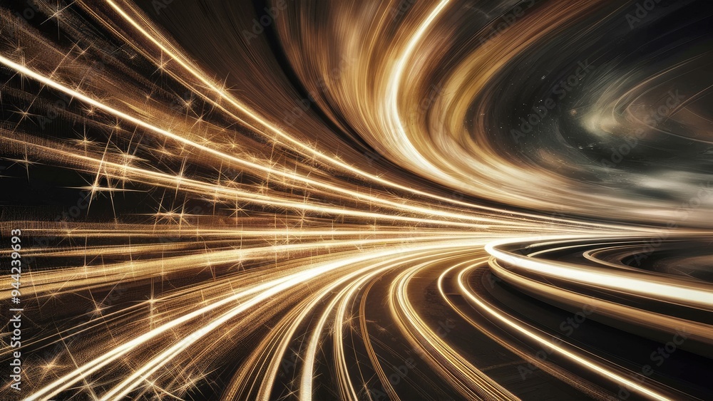Poster dynamic abstract light trails with sparkles and golden hues, depicting high-speed motion and glowing