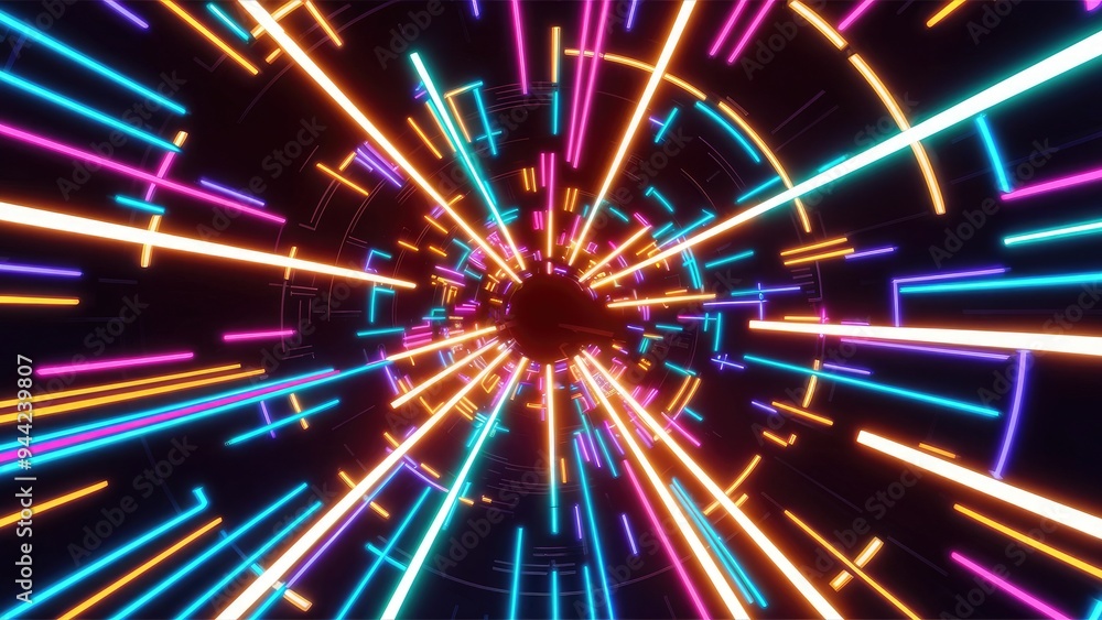 Poster dynamic abstract tunnel featuring vibrant multicolor spectrum. bright neon light rays and glowing li