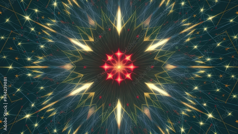 Poster  Dynamic festive animation featuring star patterns and geometric lines with luminous designs.