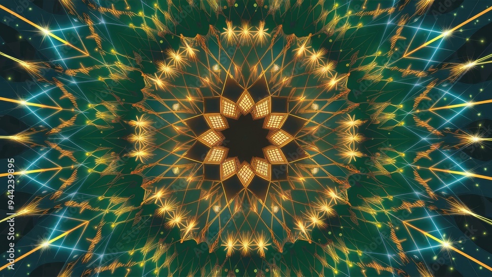 Poster  Dynamic festive animation featuring star patterns and geometric lines with luminous designs.
