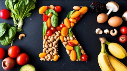Vitamin K in nutrition concept. Letter K with fresh salad, tomatoes, soybeans, spinach, meat, radishes, dried apricots, cashews, peas, prunes, avocado, eggs, banana, potatoes, mushrooms
