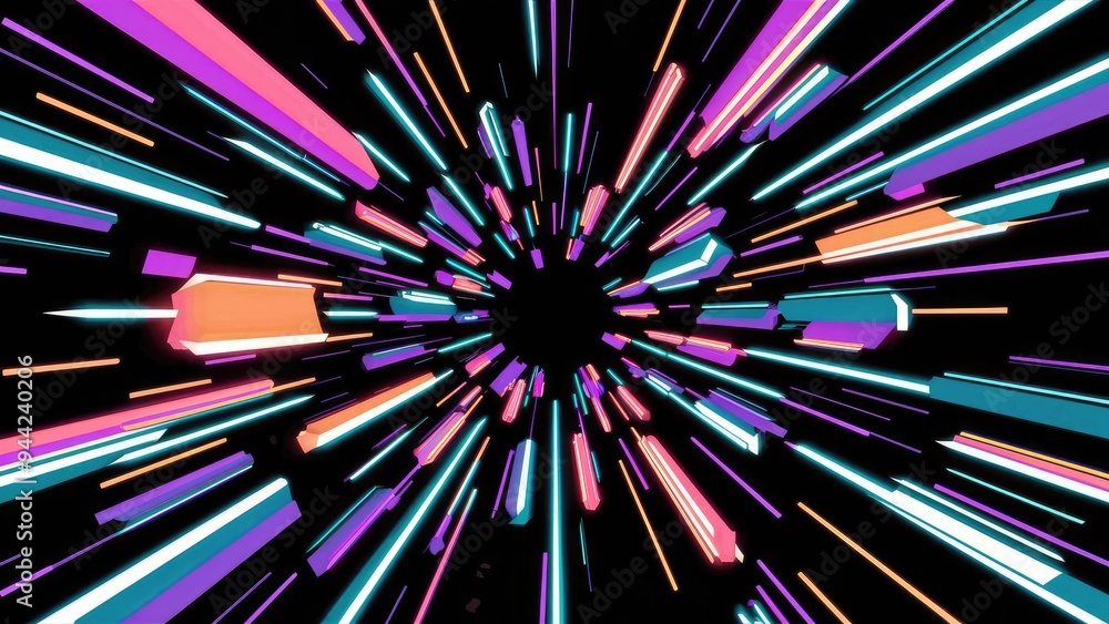 Poster dynamic neon shapes on a black background. abstract digital artwork showcasing retro-futuristic patt