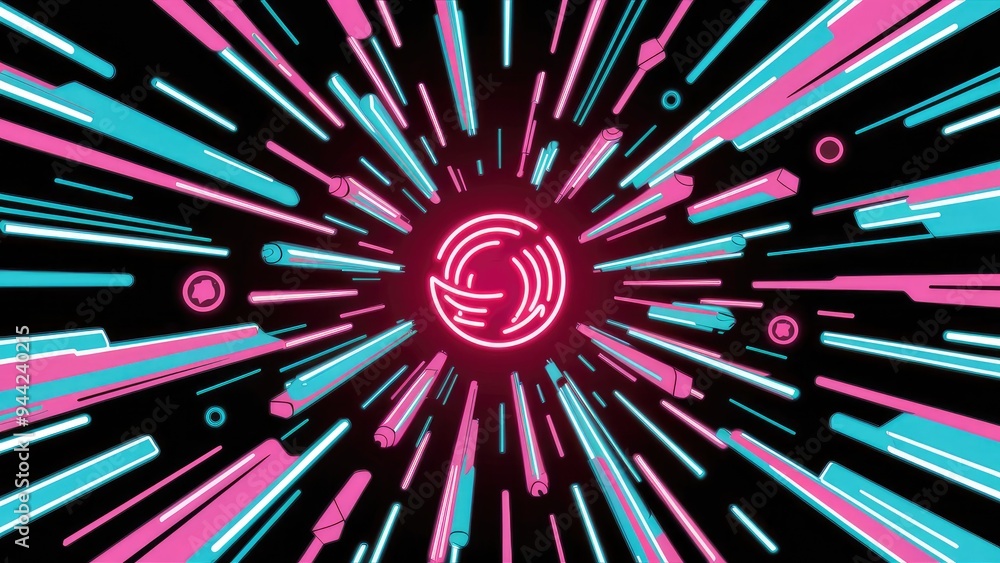 Poster dynamic neon shapes on a black background. abstract digital artwork showcasing retro-futuristic patt