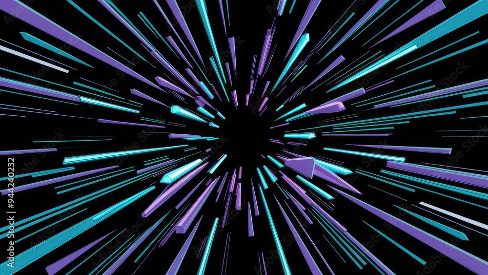 Poster dynamic neon shapes on a black background. abstract digital artwork showcasing retro-futuristic patt